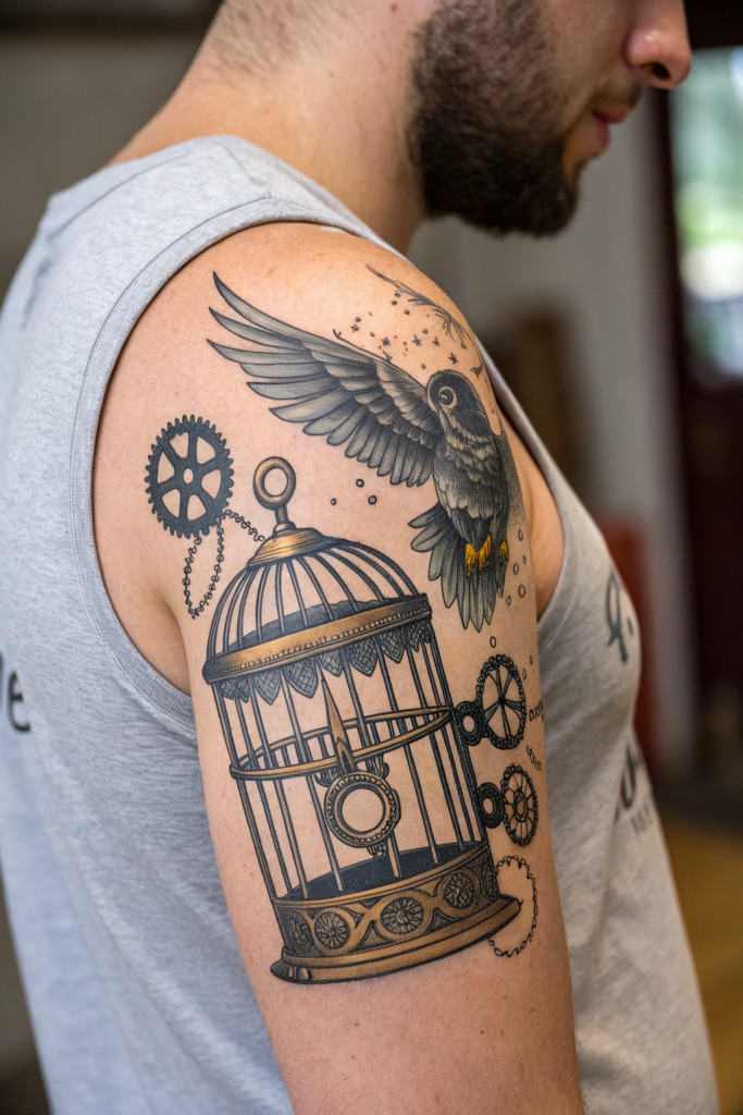 Antique Tattoo Ideas: Victorian Birdcage with a Mechanical Bird