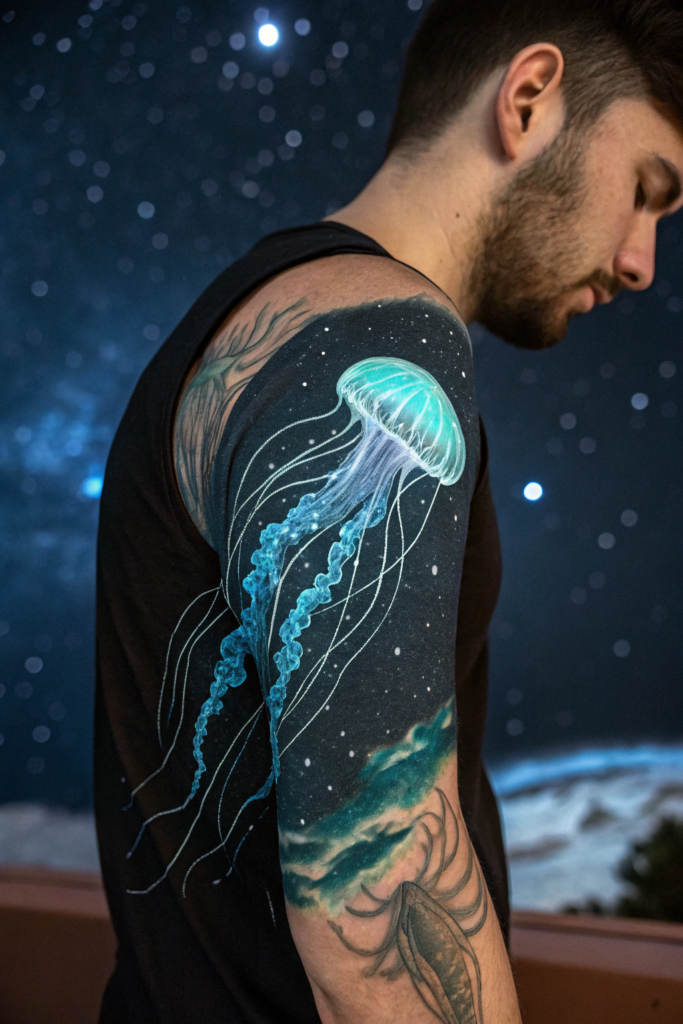 Ocean Animal Tattoos Ideas: Bioluminescent Jellyfish Galaxy