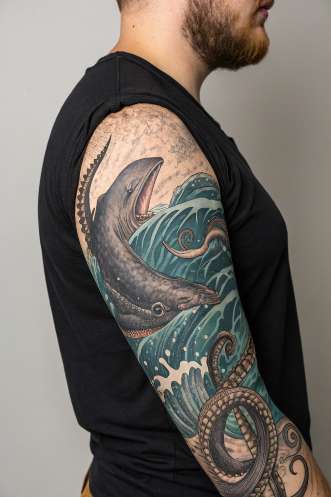 Ocean Animal Tattoos Ideas: Kraken vs. Whale Battle Sleeve
