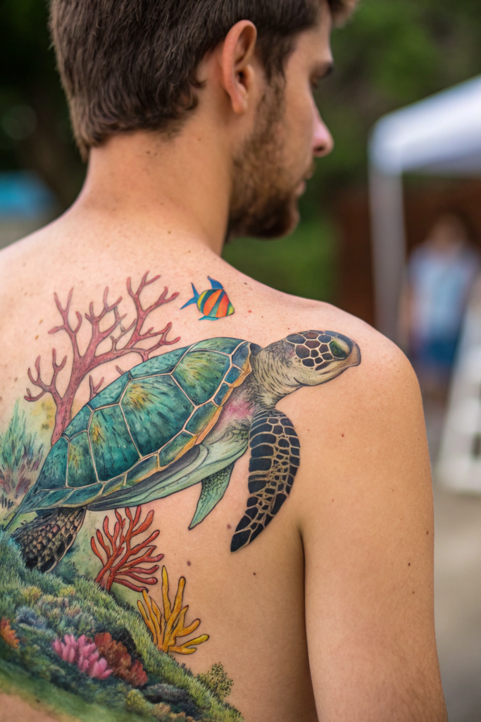 Ocean Animal Tattoos Ideas: Sea Turtle with a Coral Reef Shell