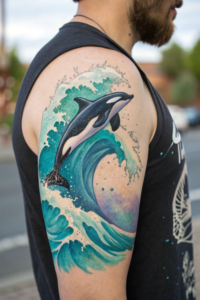 Ocean Animal Tattoos Ideas: Orca in a Watercolor Wave