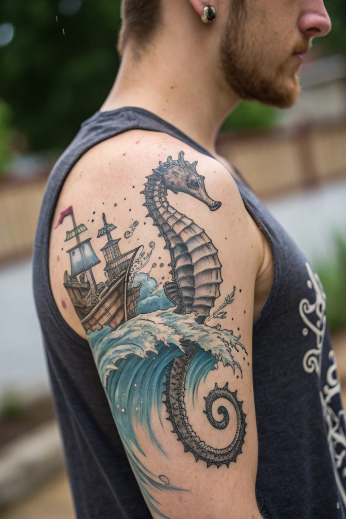 Ocean Animal Tattoos Ideas: Seahorse with a Shipwreck Scene