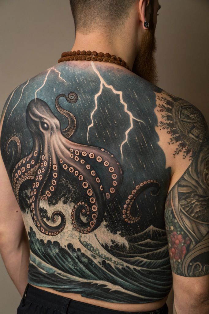 Ocean Animal Tattoos Ideas: Giant Squid in a Stormy Ocean