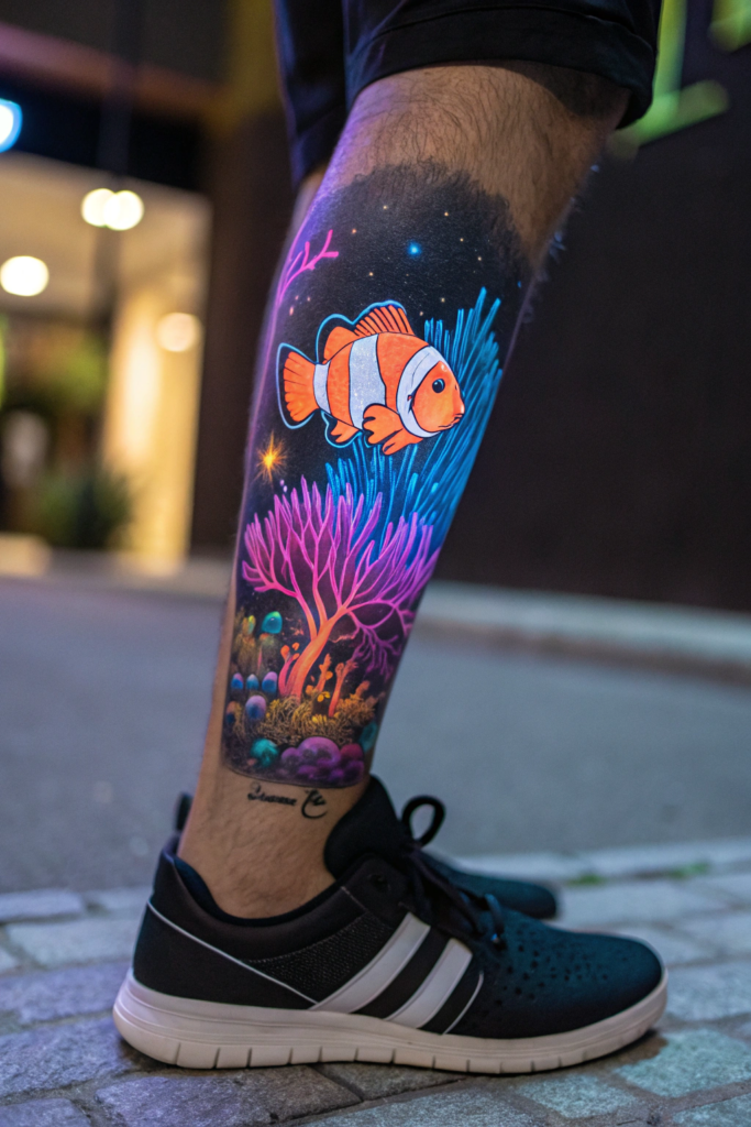 Ocean Animal Tattoos Ideas: Clownfish in a Neon Coral Reef