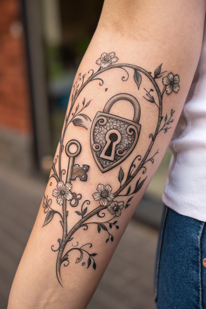 Valentine's Tattoo Ideas: Lock and Key with a Floral Twist