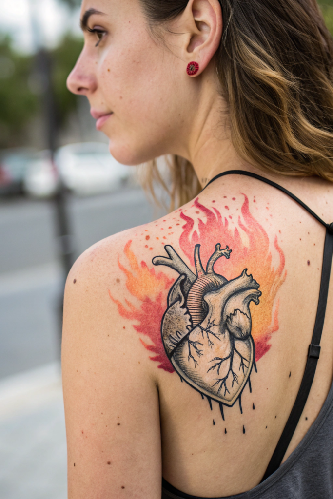 Valentine's Tattoo Ideas:n Burning Heart with Watercolor Splash