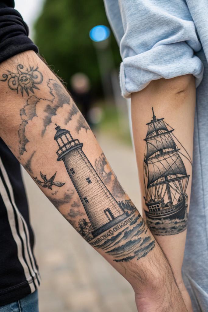 Couple Tattoos Ideas: Matching Lighthouse and Ship