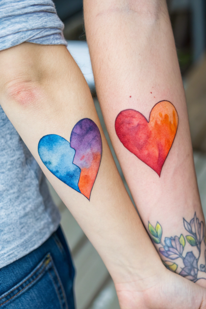 Couple Tattoos Ideas: Matching Watercolor Hearts