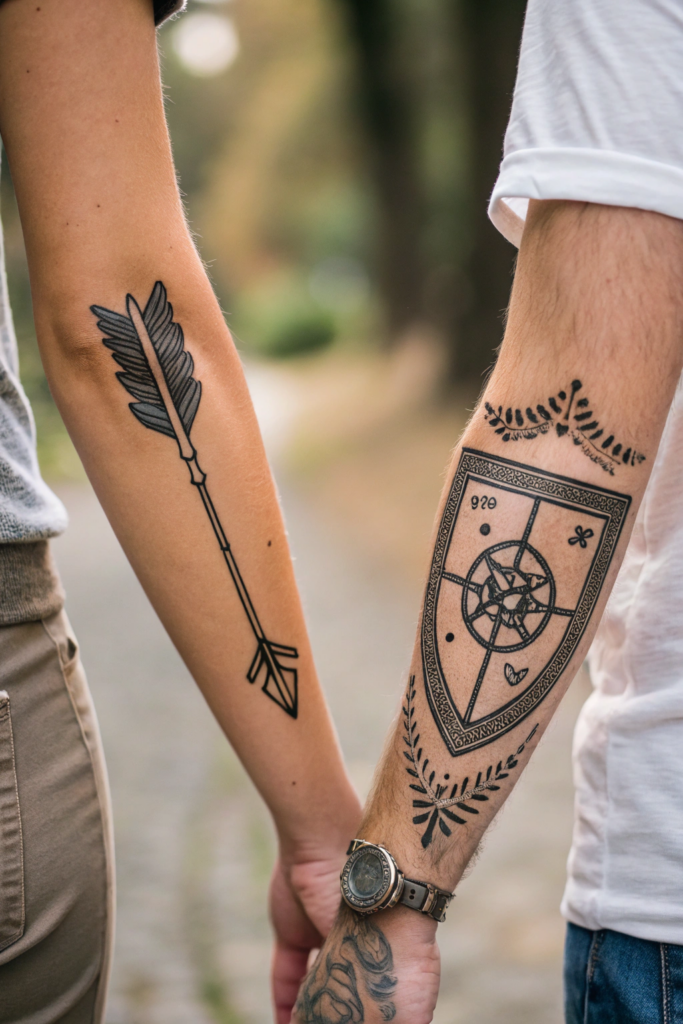 Couple Tattoos Ideas: Matching Broken Arrow and Shield