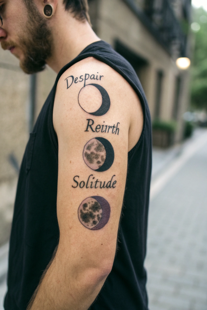 Dark Calligraphy Tattoo Ideas: Eclipsed Elegance: Moon Phases in Gothic Script