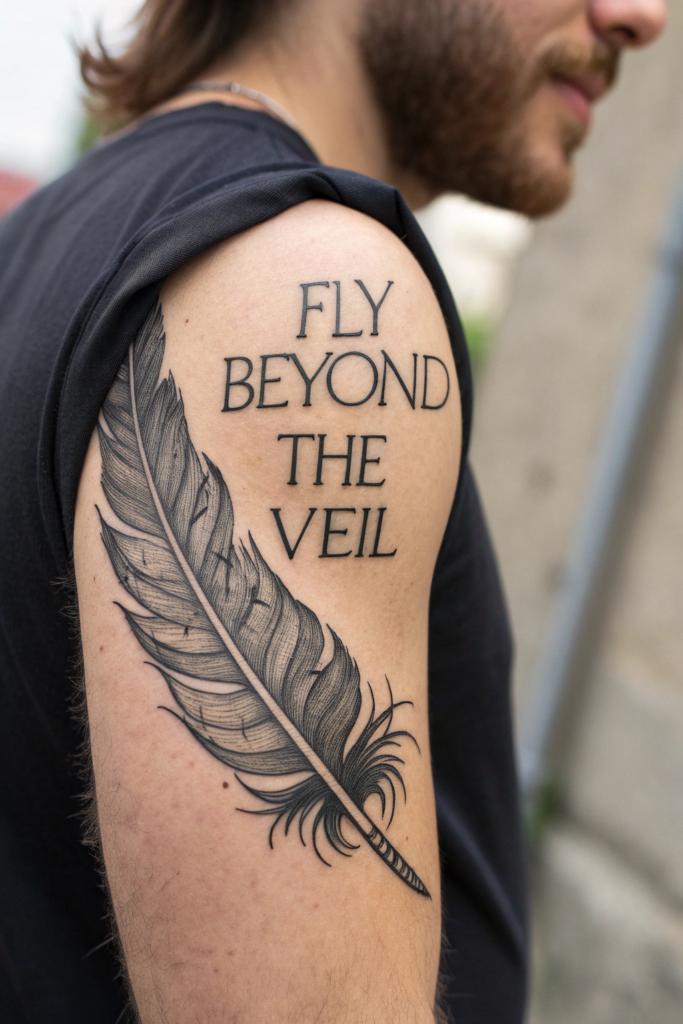 Dark Calligraphy Tattoo Ideas: Raven’s Lament: Feathers with Hidden Words