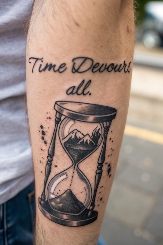 Dark Calligraphy Tattoo Ideas: Cursed Elegy: A Broken Hourglass with Flowing Script