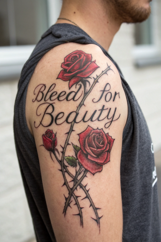 Dark Calligraphy Tattoo Ideas: Thorned Verses: Roses Wrapped in Poetic Lines