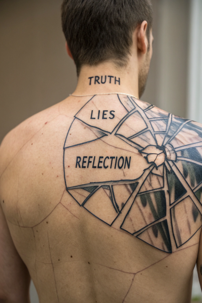 Dark Calligraphy Tattoo Ideas: Shattered Illusions: Broken Mirror with Reflective Script