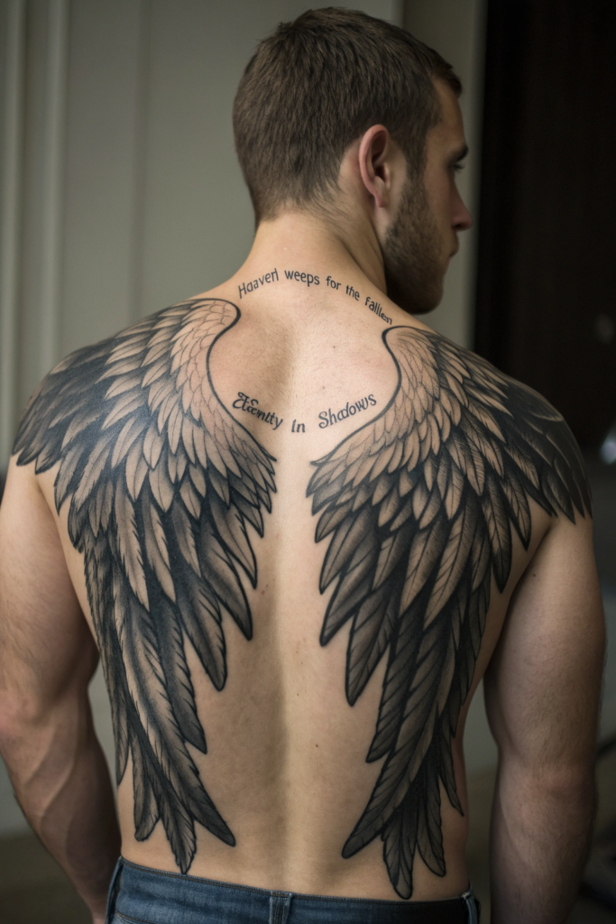 Dark Calligraphy Tattoo Ideas: Wings of Despair: Angel Wings with Hidden Verses