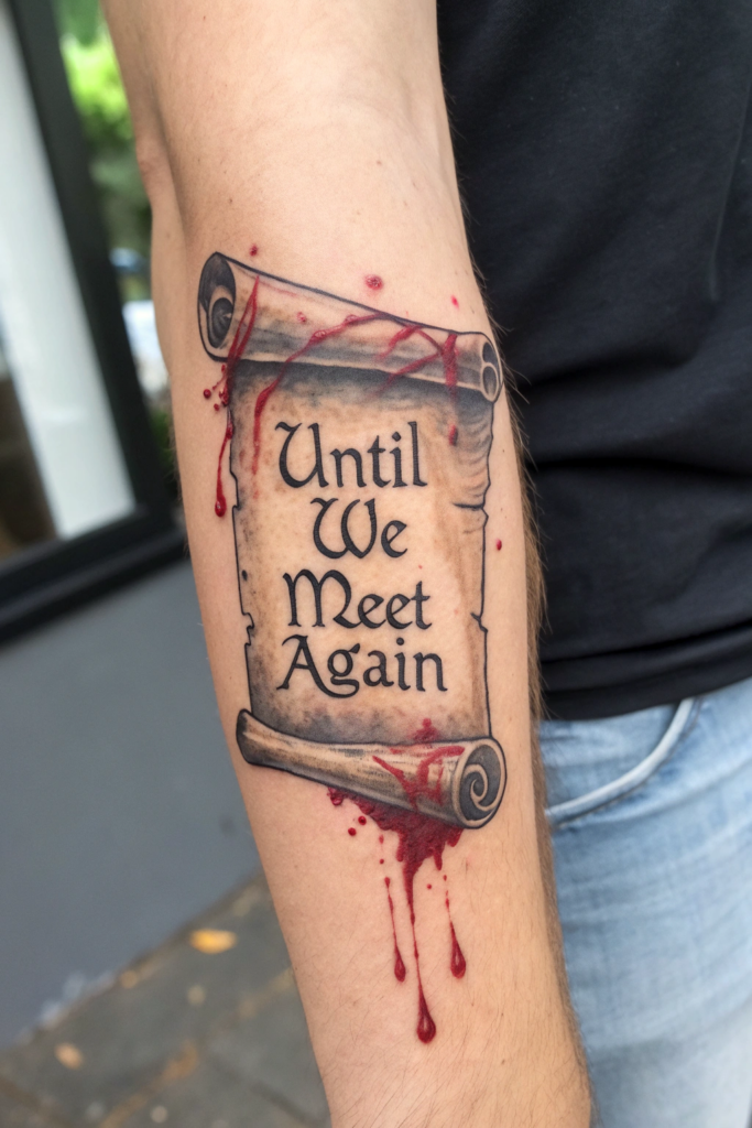 Dark Calligraphy Tattoo Ideas: Crimson Veil: A Blood-Stained Letter