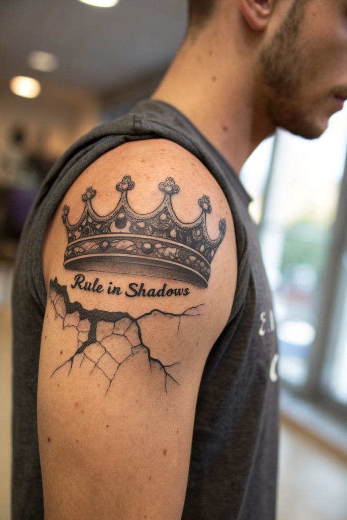 Dark Calligraphy Tattoo Ideas: Cursed Crown: A Broken Tiara with Royal Script