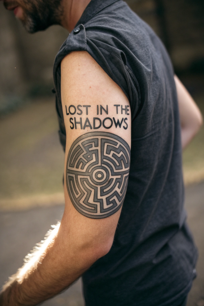 Dark Calligraphy Tattoo Ideas: Shadowed Labyrinth: A Maze with Hidden Words