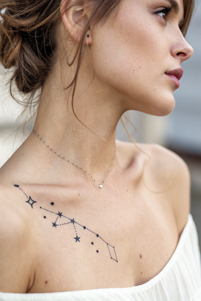 Dainty Collar Bone Tattoo Ideas: Celestial Constellation Map