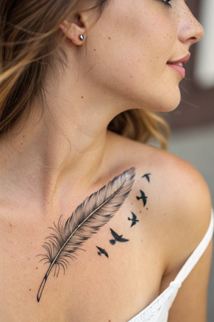 Dainty Collar Bone Tattoo Ideas: Floating Feather with Birds in Flight