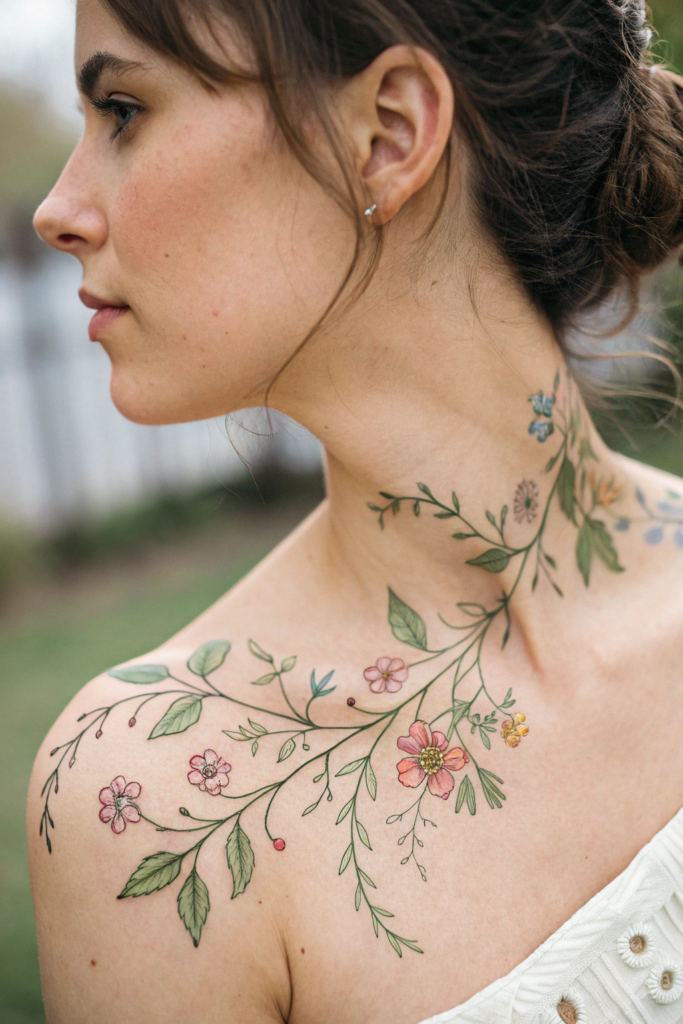 Dainty Collar Bone Tattoo Ideas: Microscopic Botanical Garden