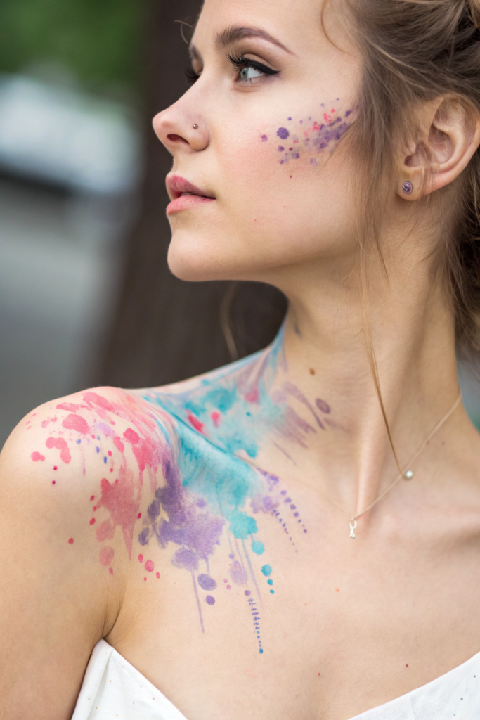 Dainty Collar Bone Tattoo Ideas: Abstract Watercolor Splash