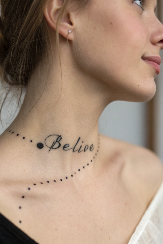 Dainty Collar Bone Tattoo Ideas: Hidden Quote in Morse Code