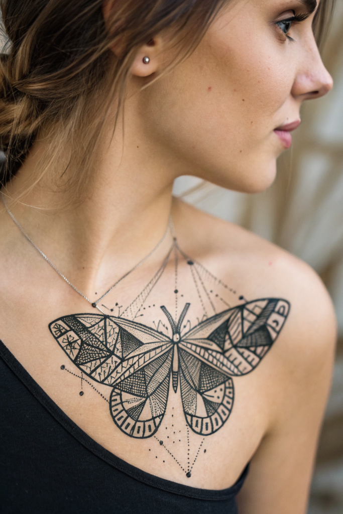 Dainty Collar Bone Tattoo Ideas: Butterfly with Geometric Wings