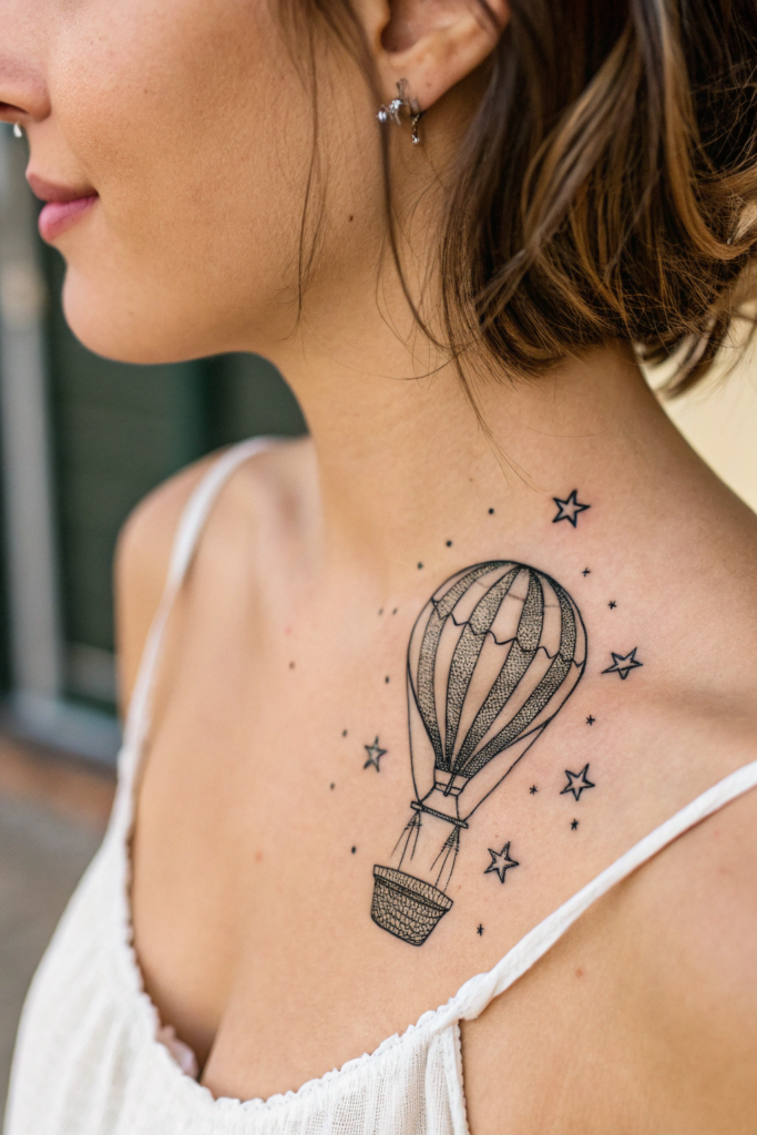 Dainty Collar Bone Tattoo Ideas: Tiny Hot Air Balloon with a Trail of Stars