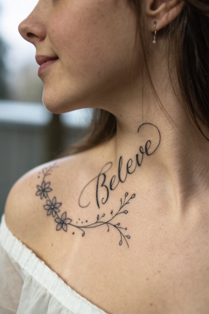 Dainty Collar Bone Tattoo Ideas: Cursive Script with Floral Flourishes