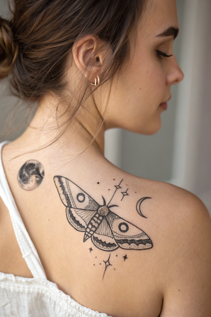 Dainty Collar Bone Tattoo Ideas: Moth with Lunar Phases