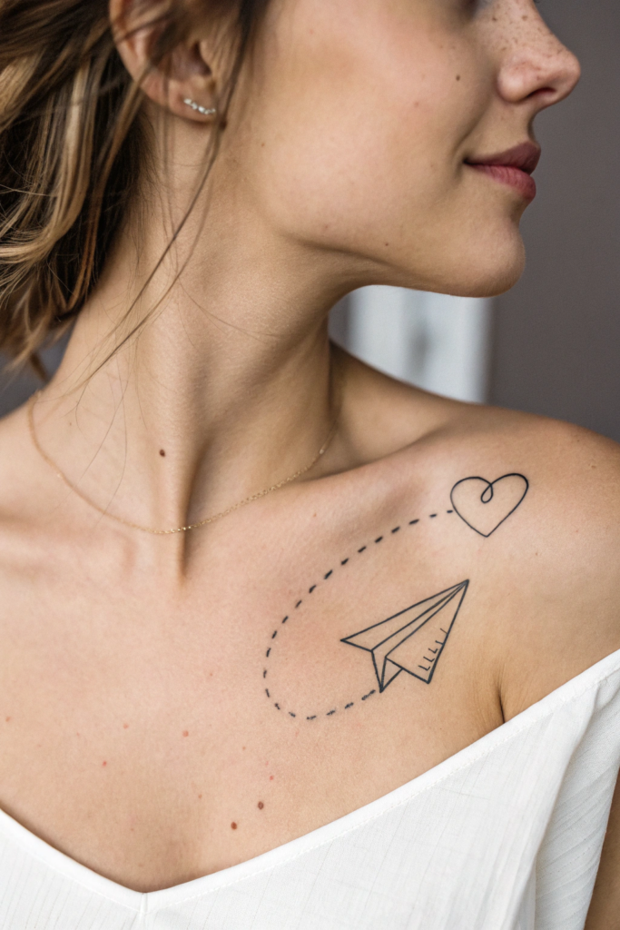 Dainty Collar Bone Tattoo Ideas: Floating Paper Airplane with a Heart