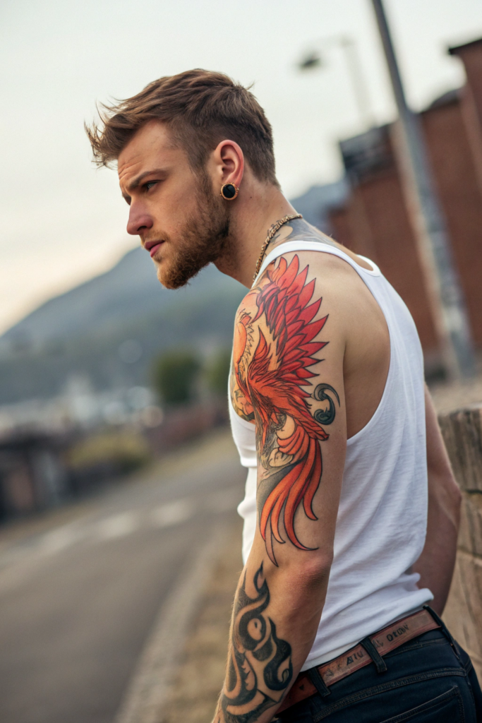 Red Ink Tattoos Ideas: Crimson Phoenix Rising from Ashes