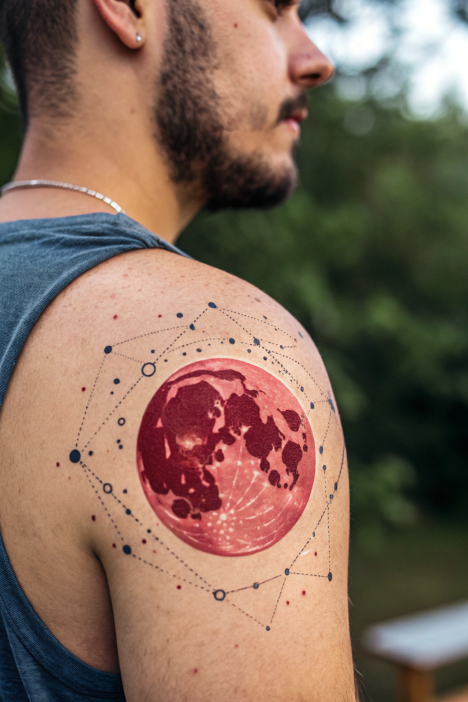 Red Ink Tattoos Ideas: Blood Moon with Intricate Constellation