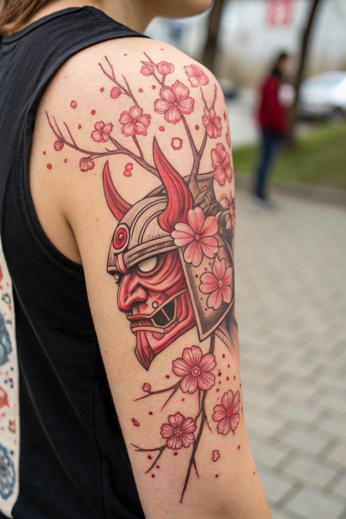 Red Ink Tattoos Ideas: Red Ink Samurai Mask with Cherry Blossoms