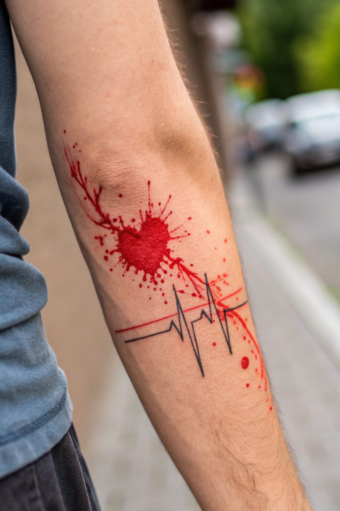 Red Ink Tattoos Ideas: Abstract Red Ink Heartbeat with Splashes