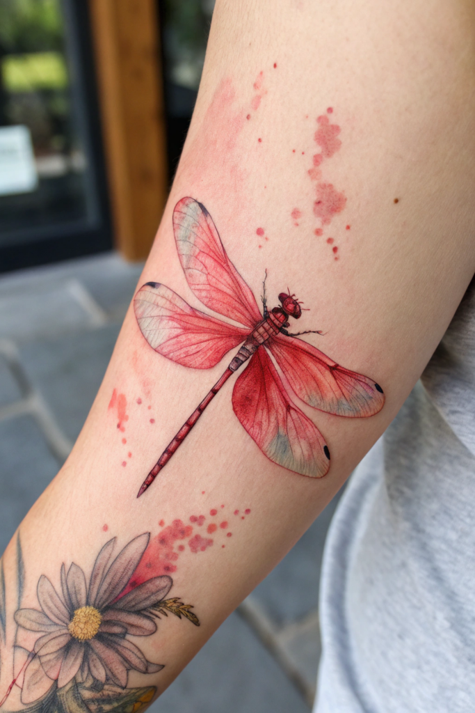 Red Ink Tattoos Ideas: Red Ink Dragonfly with Watercolor Wings