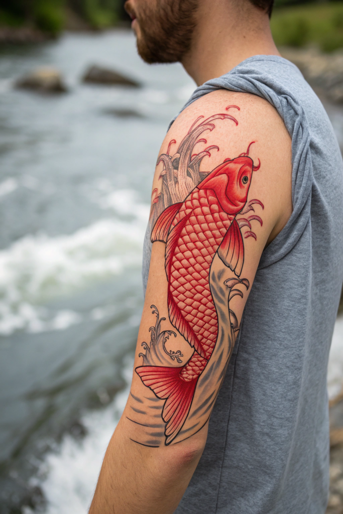 Red Ink Tattoos Ideas: Red Ink Koi Fish Swimming Upstream