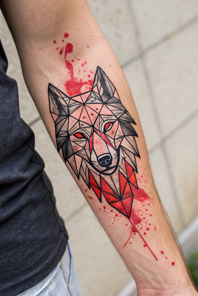 Red Ink Tattoos Ideas: Red Ink Geometric Wolf with a Splash of Realism