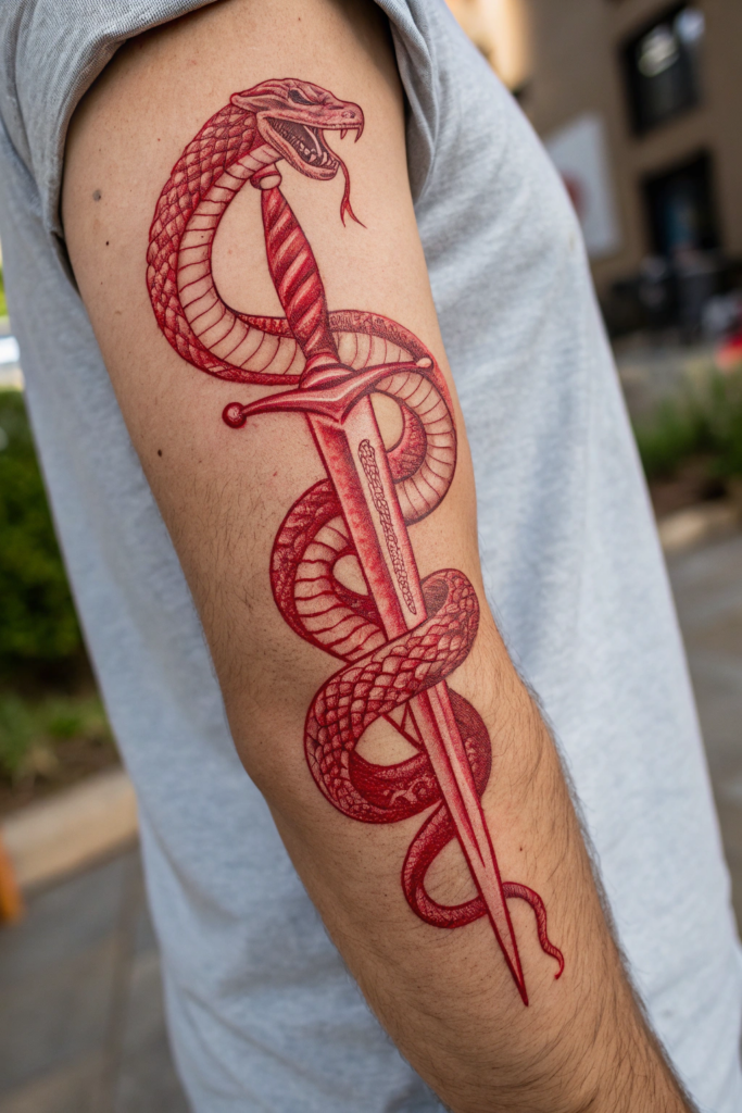 Red Ink Tattoos Ideas: Red Ink Serpent Coiled Around a Dagger