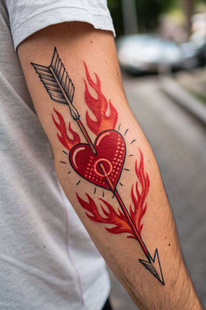 Red Ink Tattoos Ideas: Red Ink Flaming Arrow Piercing a Heart