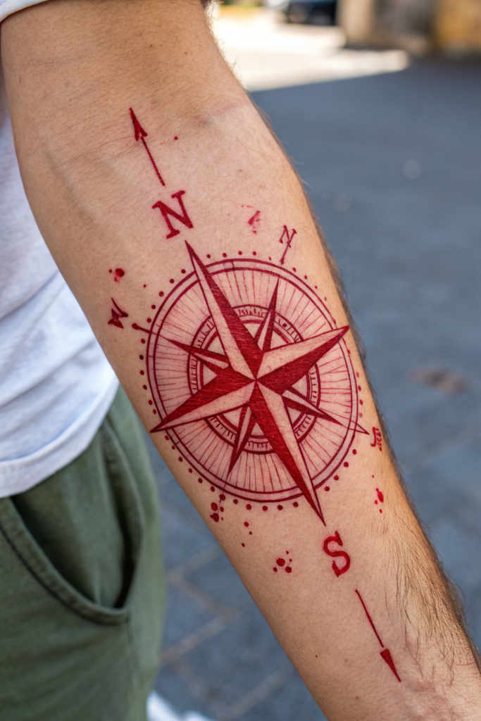 Red Ink Tattoos Ideas: Red Ink Compass with a Blood-Red North Star