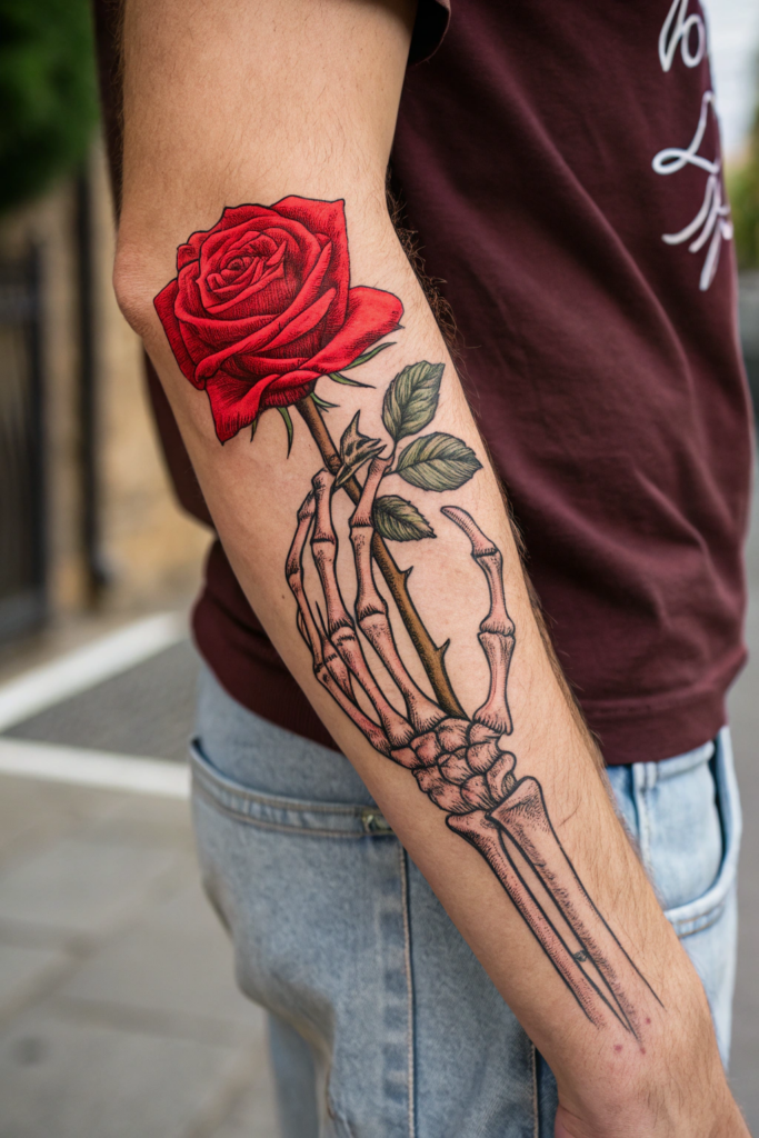 Red Ink Tattoos Ideas: Red Ink Skeleton Hand Holding a Rose