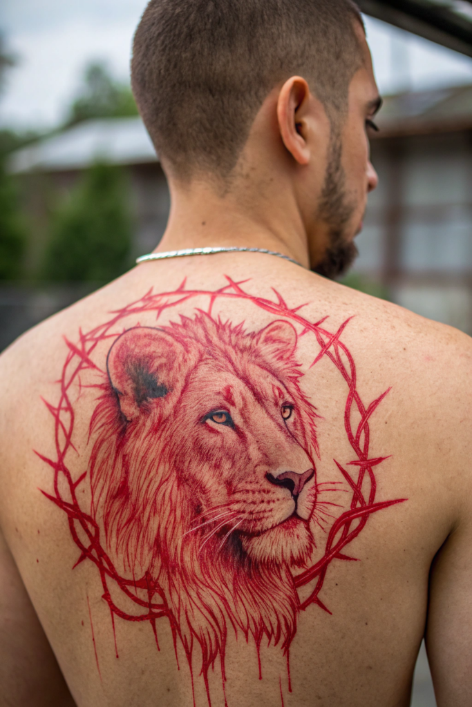 Red Ink Tattoos Ideas: Red Ink Lioness with a Crown of Thorns