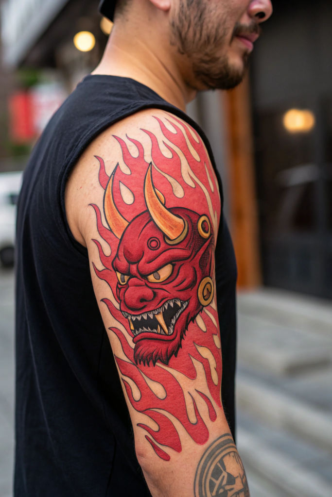 Red Ink Tattoos Ideas: Red Ink Japanese Oni Mask with Flames