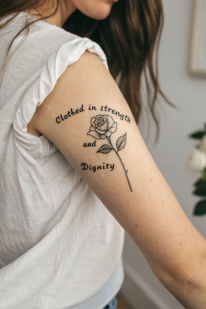 Bible Verse tattoo Ideas: "She is Clothed in Strength and Dignity" – Proverbs 31:25