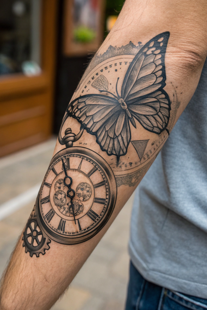 Butterfly tattoo Stencil Ideas: Butterfly and Clock: Time Flies