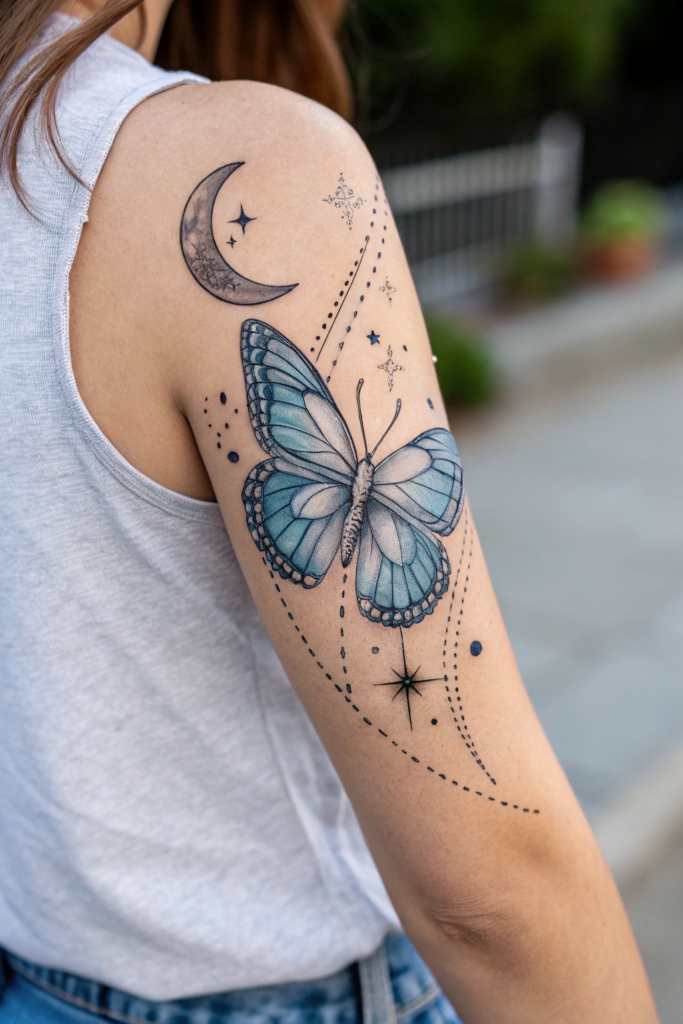 Butterfly tattoo Stencil Ideas: Butterfly and Moon: Nighttime Elegance