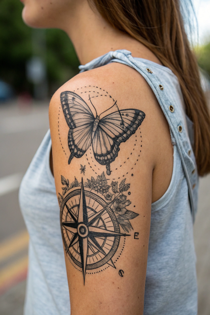 Butterfly tattoo Stencil Ideas: Butterfly and Compass: Finding Your Path