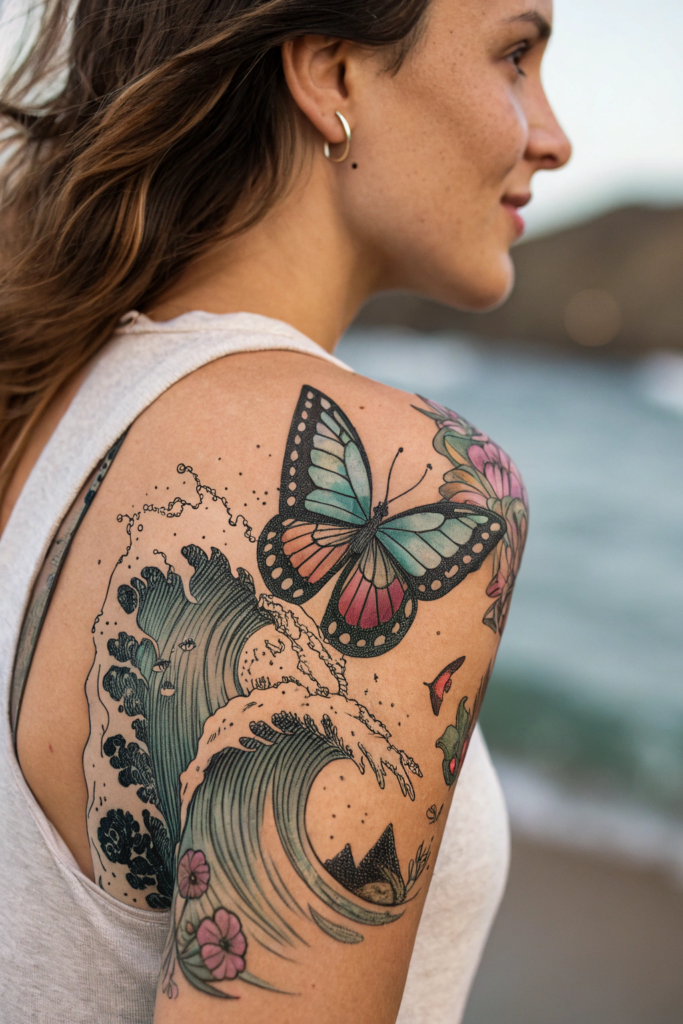 Butterfly tattoo Stencil Ideas: Butterfly and Ocean Waves: Flow of Life